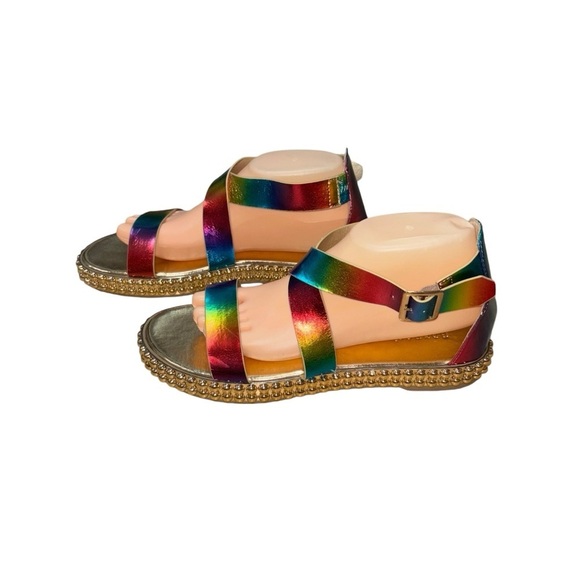 Bamboo Women's Size 10 Strappy Sandals Rainbow Iridescent Buckle Closure Flats - Picture 6 of 10